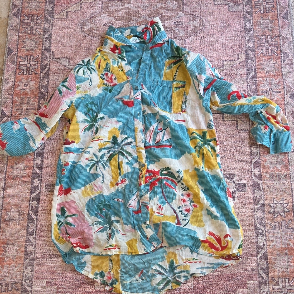 Tropical Print Button-Up Dress Shirt that doubles as beach cover up